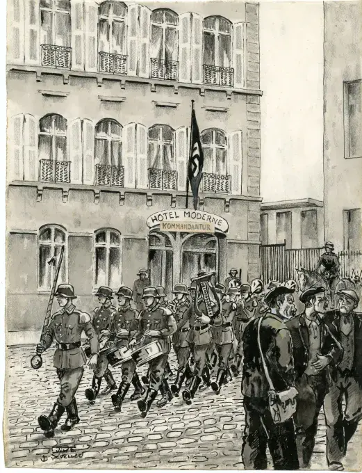 Parade devant la kommandantur installée à l'hôtel Moderne. Dessin de Jim E. Sévellec.