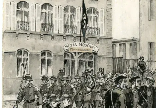 Parade devant la kommandantur installée à l'hôtel Moderne. Dessin de Jim E. Sévellec.